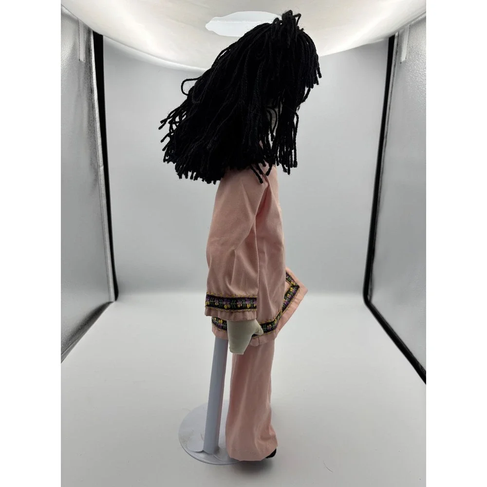 Vintage Cloth Doll Asian Style Pink Outfit Black‎ Yarn Hair prewned GUC 1970s